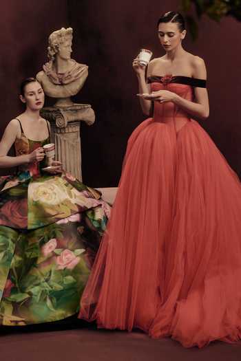 Gauri & Nainika_Red Tulle Off-shoulder Drop Waisted Corsetted Dress _Online