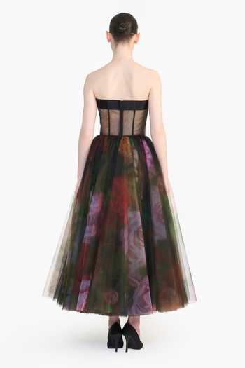 Shop_Gauri & Nainika_Green Tulle Bandeau Neck Corseted Printed Dress _at_Aza_Fashions