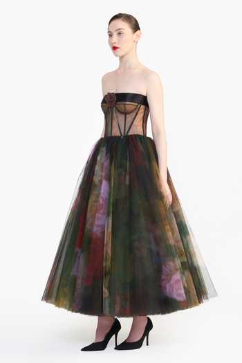 Gauri & Nainika_Green Tulle Bandeau Neck Corseted Printed Dress _Online_at_Aza_Fashions