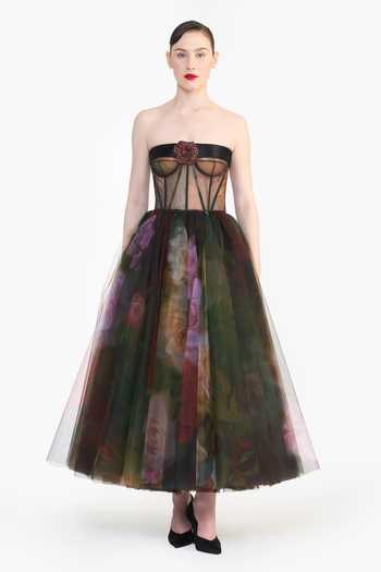 Buy_Gauri & Nainika_Green Tulle Bandeau Neck Corseted Printed Dress _Online_at_Aza_Fashions