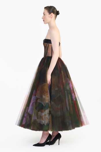 Shop_Gauri & Nainika_Green Tulle Bandeau Neck Corseted Printed Dress _Online_at_Aza_Fashions