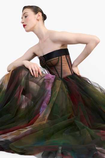 Gauri & Nainika_Green Tulle Bandeau Neck Corseted Printed Dress _at_Aza_Fashions