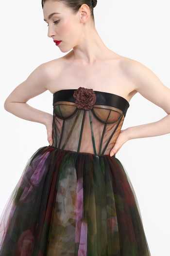 Shop_Gauri & Nainika_Green Tulle Bandeau Neck Corseted Printed Dress 