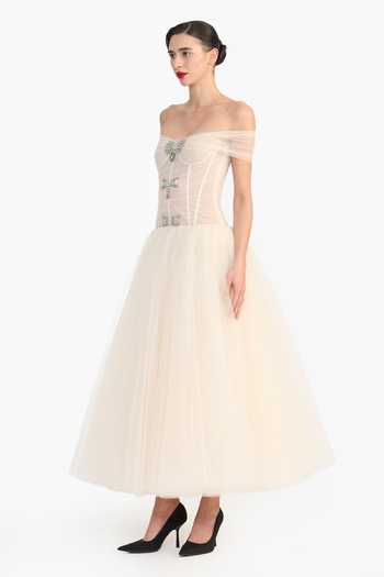 Gauri & Nainika_Peach Tulle Off-shoulder Off Embellished Dress _Online_at_Aza_Fashions