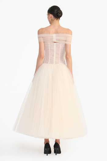 Shop_Gauri & Nainika_Peach Tulle Off-shoulder Off Embellished Dress _at_Aza_Fashions