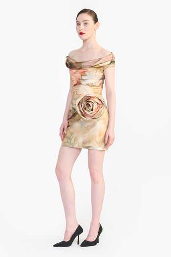 Gauri & Nainika_Multi Color Off-shoulder Victorian Print Draped Dress _Online_at_Aza_Fashions