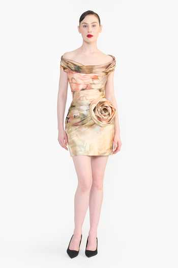 Buy_Gauri & Nainika_Multi Color Off-shoulder Victorian Print Draped Dress _at_Aza_Fashions