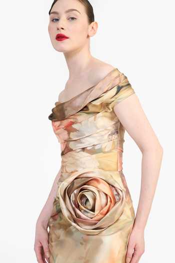 Buy_Gauri & Nainika_Multi Color Off-shoulder Victorian Print Draped Dress _Online_at_Aza_Fashions
