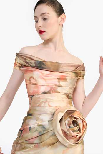 Shop_Gauri & Nainika_Multi Color Off-shoulder Victorian Print Draped Dress _Online_at_Aza_Fashions