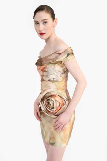 Shop_Gauri & Nainika_Multi Color Off-shoulder Victorian Print Draped Dress 