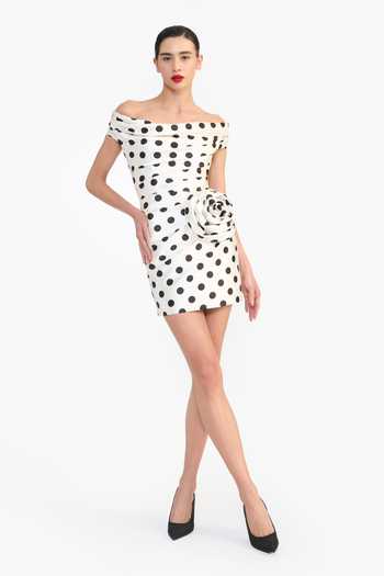 Gauri & Nainika_Black Off-shoulder Polka Dot Mikado Short Dress _Online_at_Aza_Fashions