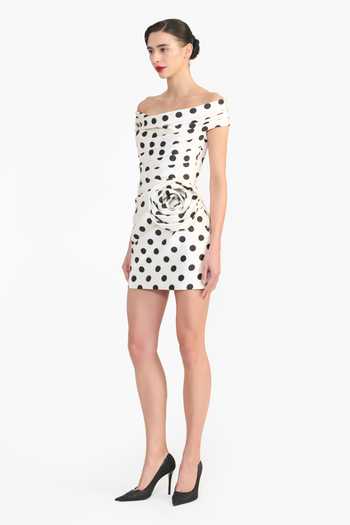 Buy_Gauri & Nainika_Black Off-shoulder Polka Dot Mikado Short Dress _Online_at_Aza_Fashions