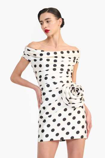 Shop_Gauri & Nainika_Black Off-shoulder Polka Dot Mikado Short Dress _Online_at_Aza_Fashions