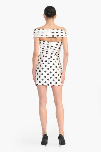 Shop_Gauri & Nainika_Black Off-shoulder Polka Dot Mikado Short Dress _at_Aza_Fashions