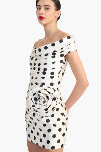 Gauri & Nainika_Black Off-shoulder Polka Dot Mikado Short Dress _at_Aza_Fashions