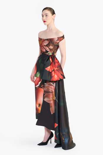 Gauri & Nainika_Black Off-shoulder Floral Print Dress _Online_at_Aza_Fashions