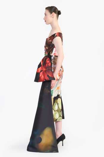 Shop_Gauri & Nainika_Black Off-shoulder Floral Print Dress _Online_at_Aza_Fashions