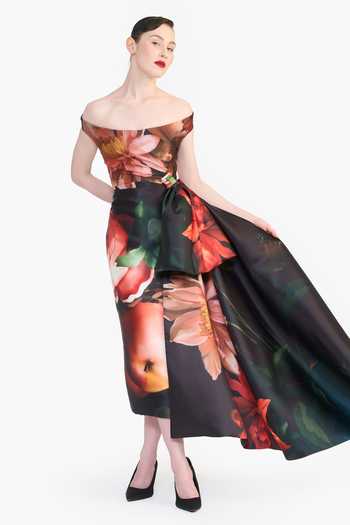 Gauri & Nainika_Black Off-shoulder Floral Print Dress _at_Aza_Fashions
