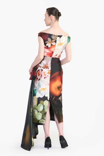 Shop_Gauri & Nainika_Black Off-shoulder Floral Print Dress _at_Aza_Fashions