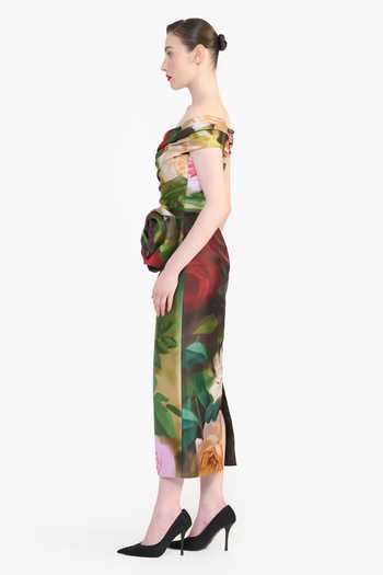 Gauri & Nainika_Green Off-shoulder Flower Print Draped Dress _Online_at_Aza_Fashions