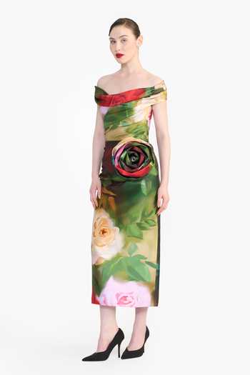 Buy_Gauri & Nainika_Green Off-shoulder Flower Print Draped Dress _Online_at_Aza_Fashions