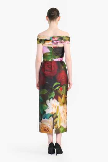Shop_Gauri & Nainika_Green Off-shoulder Flower Print Draped Dress _at_Aza_Fashions