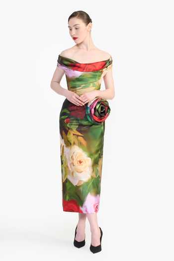 Buy_Gauri & Nainika_Green Off-shoulder Flower Print Draped Dress _at_Aza_Fashions