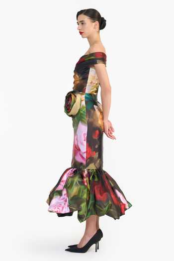 Gauri & Nainika_Green Off-shoulder Rose Print Dress _Online_at_Aza_Fashions