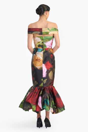 Shop_Gauri & Nainika_Green Off-shoulder Rose Print Dress _at_Aza_Fashions