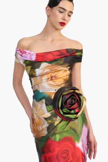Shop_Gauri & Nainika_Green Off-shoulder Rose Print Dress _Online_at_Aza_Fashions