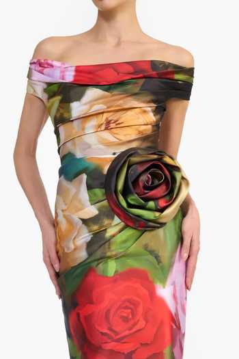 Gauri & Nainika_Green Off-shoulder Rose Print Dress _at_Aza_Fashions