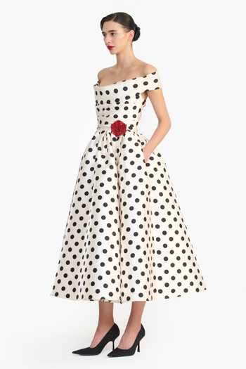 Gauri & Nainika_Black Off-shoulder Polka Dot Print Dress _Online_at_Aza_Fashions