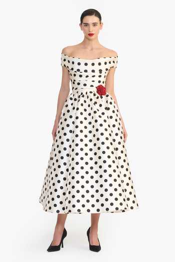 Buy_Gauri & Nainika_Black Off-shoulder Polka Dot Print Dress _Online_at_Aza_Fashions