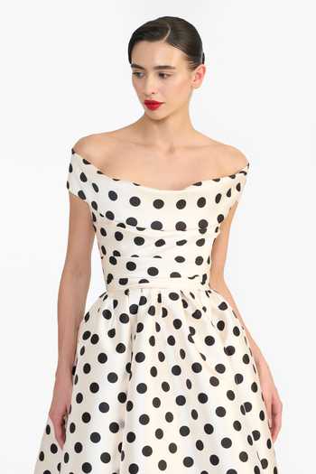 Shop_Gauri & Nainika_Black Off-shoulder Polka Dot Print Dress _Online_at_Aza_Fashions