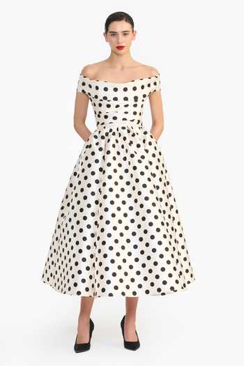 Buy_Gauri & Nainika_Black Off-shoulder Polka Dot Print Dress _at_Aza_Fashions