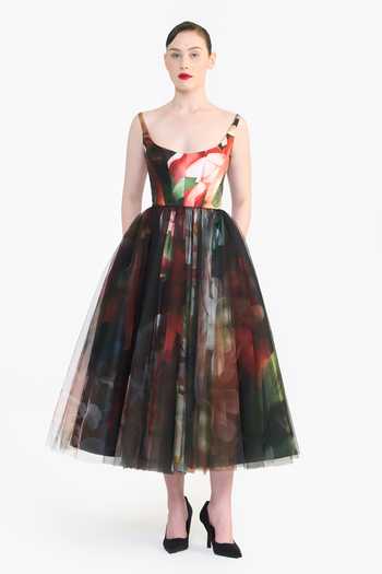 Buy_Gauri & Nainika_Black Tulle Scoop Neck Panelled Corseted Printed Dress _at_Aza_Fashions