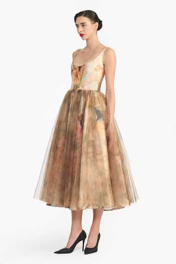 Gauri & Nainika_Gold Tulle Scoop Neck Victorian Print Corsetted Dress _Online_at_Aza_Fashions