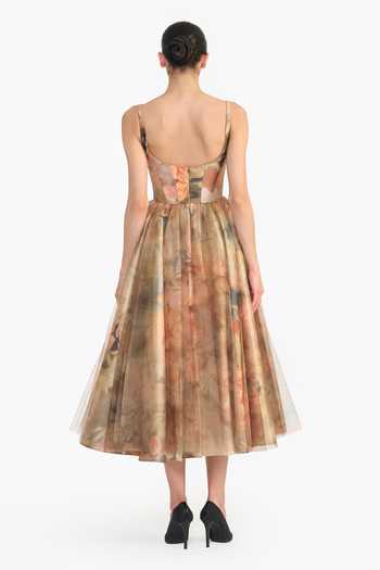 Shop_Gauri & Nainika_Gold Tulle Scoop Neck Victorian Print Corsetted Dress _at_Aza_Fashions