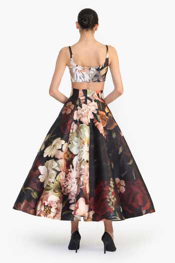 Shop_Gauri & Nainika_Black Floral Print Panelled Skirt _at_Aza_Fashions