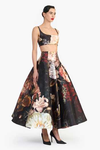 Shop_Gauri & Nainika_Black Floral Print Panelled Skirt _Online_at_Aza_Fashions