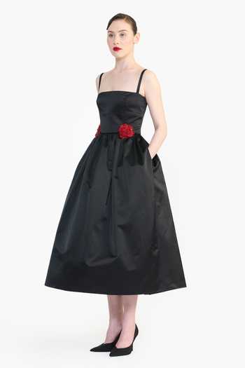 Shop_Gauri & Nainika_Black Satin Square Neck Rose Placement Embroidered Dress _Online_at_Aza_Fashions