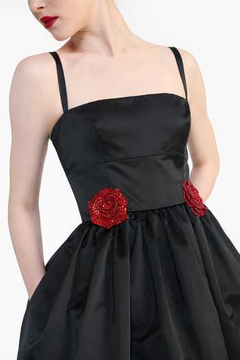 Gauri & Nainika_Black Satin Square Neck Rose Placement Embroidered Dress _at_Aza_Fashions