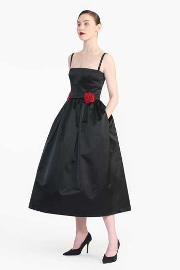 Buy_Gauri & Nainika_Black Satin Square Neck Rose Placement Embroidered Dress 