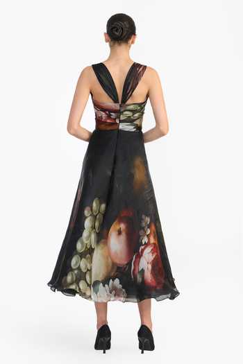 Shop_Gauri & Nainika_Black Organza, Satin Bandeau Neck Floral Print Draped Dress _at_Aza_Fashions