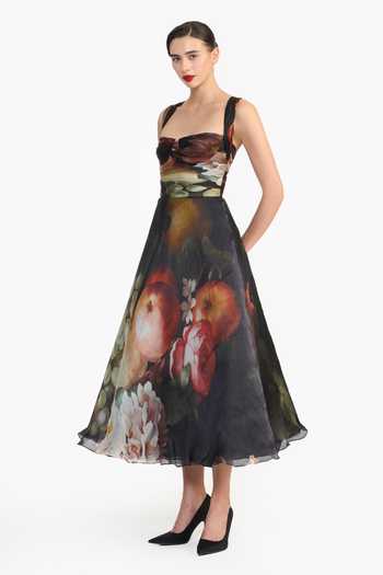 Buy_Gauri & Nainika_Black Organza, Satin Bandeau Neck Floral Print Draped Dress _Online_at_Aza_Fashions