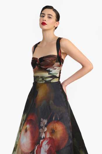 Shop_Gauri & Nainika_Black Organza, Satin Bandeau Neck Floral Print Draped Dress _Online_at_Aza_Fashions