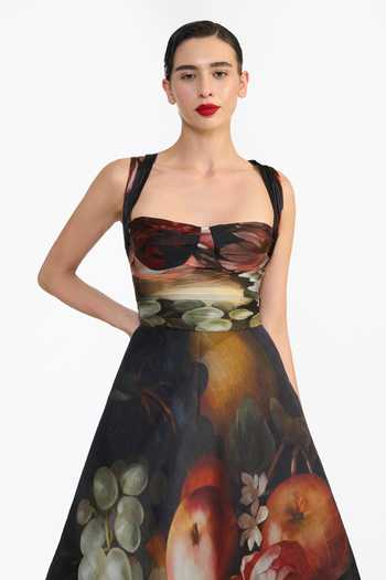 Buy_Gauri & Nainika_Black Organza, Satin Bandeau Neck Floral Print Draped Dress 