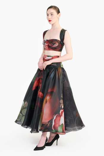 Gauri & Nainika_Black Organza Dutch Floral Print Skirt _Online_at_Aza_Fashions