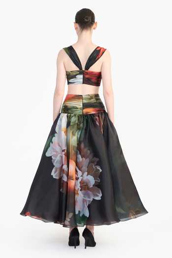 Shop_Gauri & Nainika_Black Organza Dutch Floral Print Skirt _at_Aza_Fashions