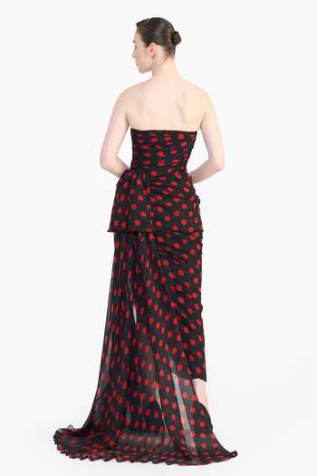 Shop_Gauri & Nainika_Black Chiffon Sweetheart Neck Polka Dot Draped Dress _at_Aza_Fashions